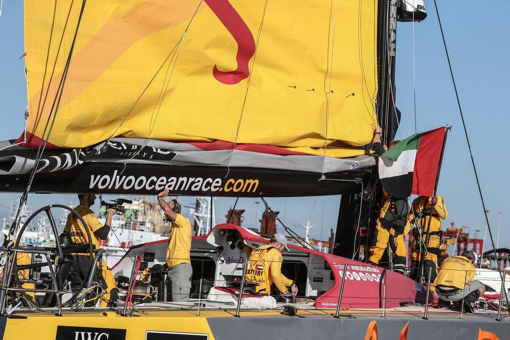 November 5, 2014. Abu Dhabi Ocean Racing celebrate after crossing the finish line in Cape Town as the winners of Leg 1. &copy; Volvo Ocean Race http://www.volvooceanrace.com
